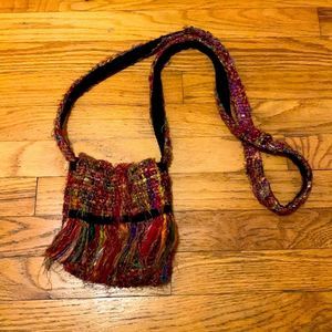 Recycled silk small purse cross body bag colorful fringe boho